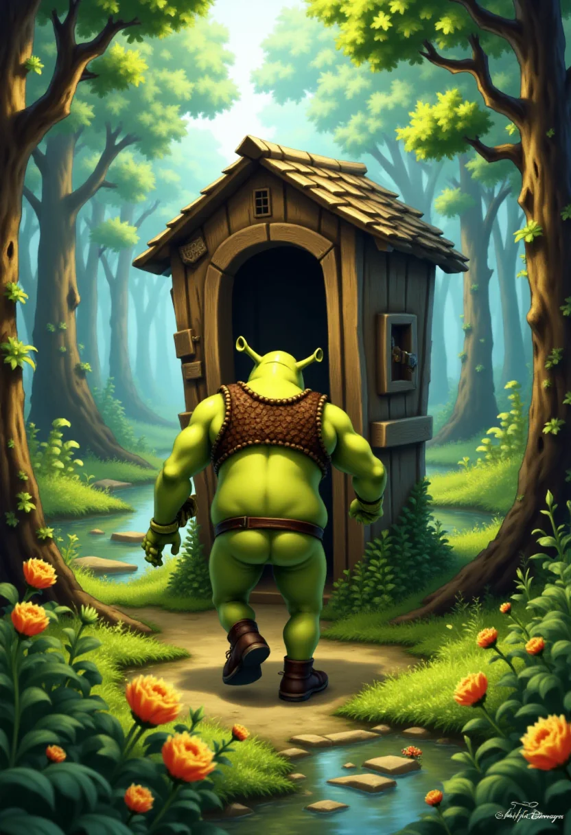 <lora:KFT_Curse_of_Dragons_Crown_Style_FLUX:1>
The image is a vibrant, digitally created kftfantasy illustration featuring   Shrek walking away from an outhouse in a swamp