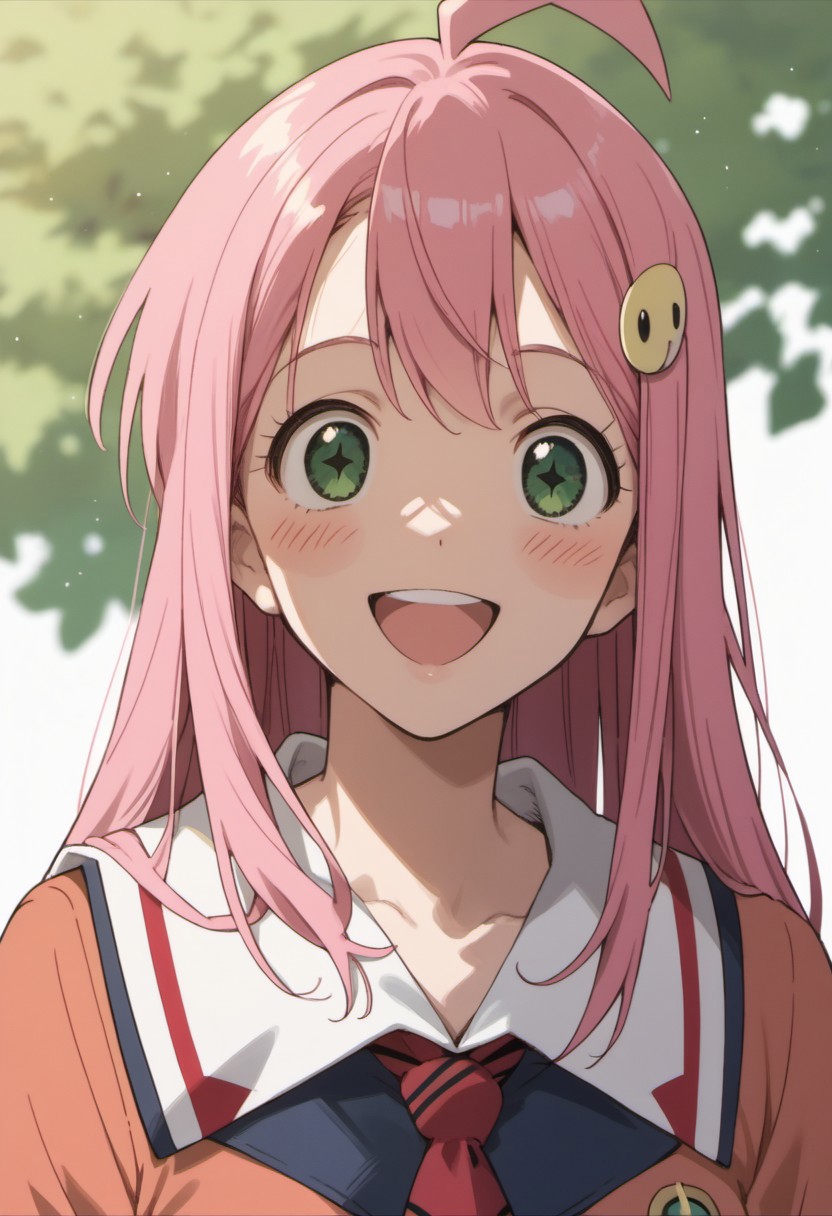 score_9, score_8_up, score_7_up, source_anime, nono, 1girl, solo, pink hair, ahoge, long hair, smile, hair ornament, open mouth, school uniform, blush, green eyes, hairclip, :d