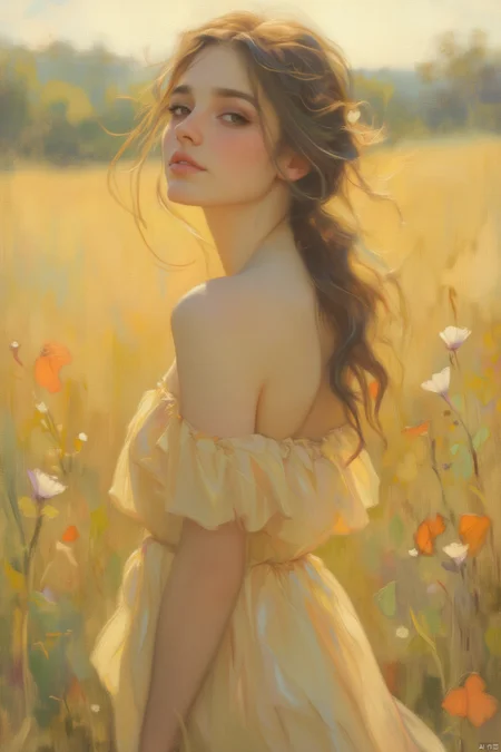 OBxiaoxiang,
A serene portrait of a woman, her figure bathed in the warm, golden light of a sun-drenched meadow. She gazes out into the distance, her expression filled with contentment. She wears a simple, yet elegant, flowing dress of soft, pastel yellow. The surrounding meadow and wildflowers create a soft, idyllic backdrop to her gentle beauty.