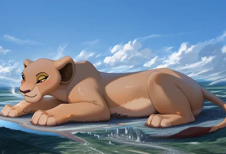 Safe_pos, score_9, score_8_up, score_7_up, detailed face, best quality, 1girl, solo, masterpiece, detailed background, beautiful, detailed eyes, mature female, giantess, macro
side view, lien,
1girl, solo, furry art, feral, Nala, Lioness , Solo, Lion King, Disney, furry, On fours, tail, full body view,
pin up pose, laying on side, light smile, narrowed eyes, blush
long river, skyline, cityscape, destroyed cityscape, earthquake, steam, fog, craters
