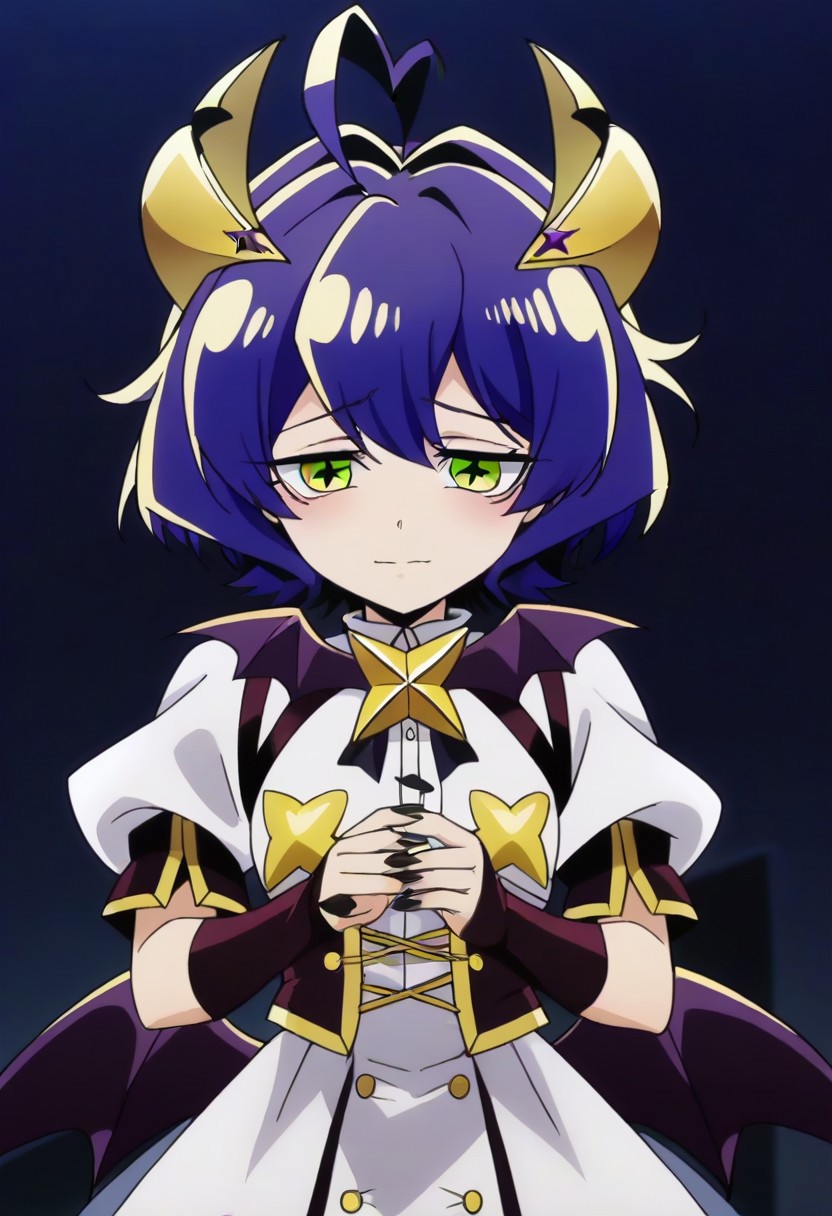 source_anime <lora:GushingoverMagicalGirlsSet1:0.8>, MagiaBaiser, short hair, yellow eyes, ahoge, purple hair, magical girl, showgirl skirt, black nails, low wings, cross-shaped pupils, yellow horns, star pasties,,, ,,, , , ,,,, ,,, , ,,,,,,,, anime coloring,anime screencap, 1girl,Solo ,, anime,official art,,Uncensored ,Unedited ,,,,,,,,