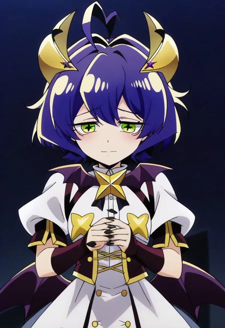 source_anime <lora:GushingoverMagicalGirlsSet1:0.8>, MagiaBaiser, short hair, yellow eyes, ahoge, purple hair, magical girl, showgirl skirt, black nails, low wings, cross-shaped pupils, yellow horns, star pasties,,, ,,, , , ,,,, ,,, , ,,,,,,,, anime coloring,anime screencap, 1girl,Solo ,, anime,official art,,Uncensored ,Unedited ,,,,,,,,