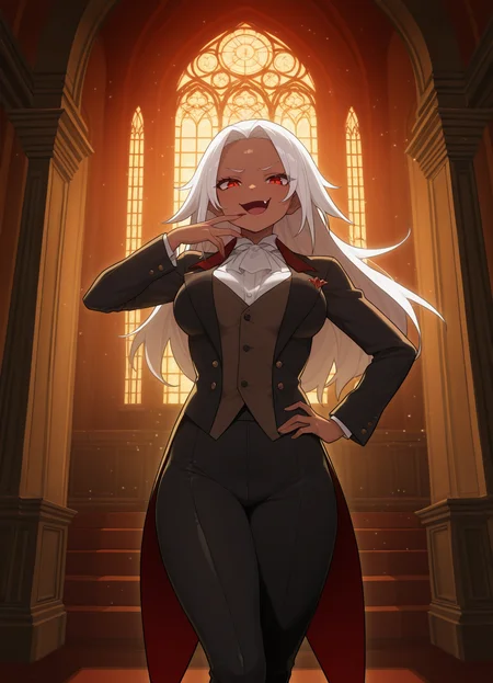 masterpiece, best quality, amazing quality, very aesthetic, absurdres, newest, scenery,extreme detail, 8k, light particles, soft lighting, volumetric lighting, intricate details, finely detailed, detailed eyes, 1girl, solo, vampire, white hair, dark-skin, dark skinned female, (tailcoat,tuxedo,frock coat:1.2), thighhighs, looking at viewer, standing, red eyes, mansion,bedroom, trousers,shirt,vest, smug, smirk, shiny skin, (medium breasts:1.3), thick, fang, half-open mouth,
<lora:Illustrious_kazan_no_youtempuru_Style:1>