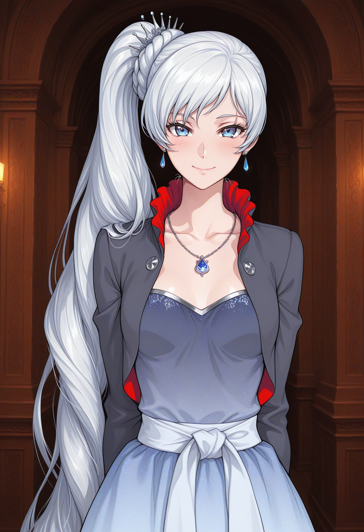 ((weiss schnee)), weiss schnee, 1girl, solo, long hair, looking at viewer, blush, smile, blue eyes, long sleeves, dress, closed mouth, jewelry, very long hair, medium breasts, jacket, collarbone, upper body, white hair, braid, earrings, small breasts, indoors, necklace, side ponytail, sash, scar, arms behind back, tiara, cropped jacket, pendant, grey jacket, scar across eye, masterpiece, best quality, ultra-detailed, highest quality, official art, latest, very awa, very aesthetic, detailed shading, (detailed background, complex background), amazing quality, intricate, hyper-detailed, excellent, absurdres, latest,