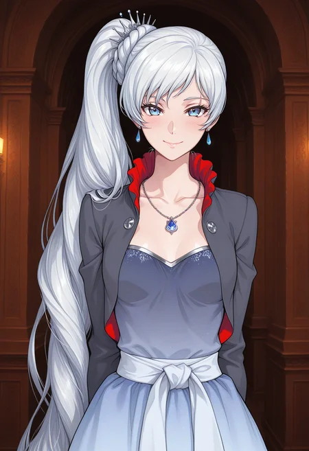 ((weiss schnee)), weiss schnee, 1girl, solo, long hair, looking at viewer, blush, smile, blue eyes, long sleeves, dress, closed mouth, jewelry, very long hair, medium breasts, jacket, collarbone, upper body, white hair, braid, earrings, small breasts, indoors, necklace, side ponytail, sash, scar, arms behind back, tiara, cropped jacket, pendant, grey jacket, scar across eye, masterpiece, best quality, ultra-detailed, highest quality, official art, latest, very awa, very aesthetic, detailed shading, (detailed background, complex background), amazing quality, intricate, hyper-detailed, excellent, absurdres, latest,