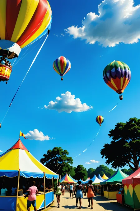 cartoon of  dark skin people outside in an annual county fair , trees , animals, kites in the sky, blue skies, clouds in the sky the shape of animals, [ Yearly summer fair ]
<lora:Blazens_girl_Roxanne:1>. ((full body shots, )) <lora:perfection style:1>,perfection style