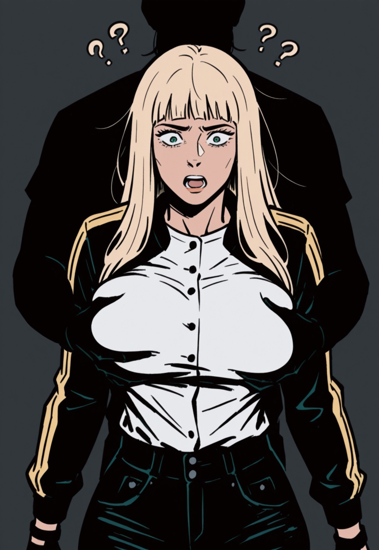 1girl, solo, detailed face, detailed eyes, toned female, long hair, blonde hair, blunt bangs, green eyes, large breasts, curvy, 
BREAK
black and gold varsity jacket, (white shirt, shirt tucked in, buttons), black shorts, high-waist shorts, short shorts, black gloves, fingerless gloves, 
BREAK
straight-on, wide-eyed, ?, ??, open mouth, breath, sounds, upper body,
BREAK
grabbing another's breast, grabbing from behind, groping, 
BREAK 
(safe_pos, fine texture, masterpiece, ultra-detailed, very aesthetic, absurdres, volumetric lighting, scenery, newest, absolutely eye-catching, vivid colors, rating_explicit),
BREAK
(silhouette, shadows:1.3), dark theme, flat lighting, flat color, flat design, (intense shadow:1.2), crisp edges, aja, 
BREAK
