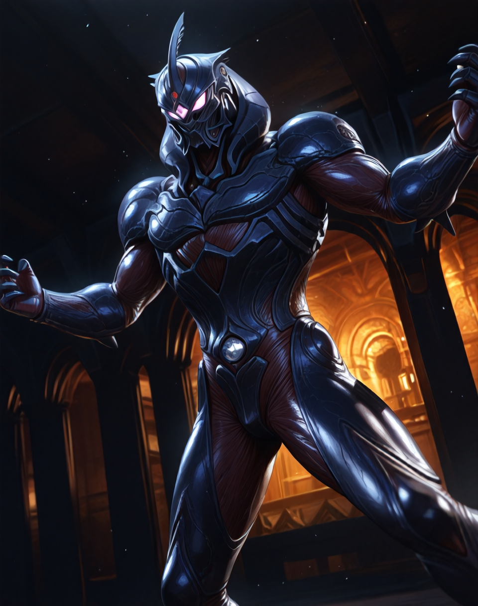 perfect depth of field shot, masterpiece, beautiful, sharp focus, crisp details,
<lora:Dark_Hero_(Guyver)_(Illustrious)_(AD):1.35> Dark_Hero, Guyver, bioboosted armor, 
((exterior, science fiction, high science fiction, action anime style background, dark spaceship interior, photographic realism, 8K CGI render, 
dynamic action, dynamic perspective, dutch angle, bent knee, cowboy shot,
male focus, gradient style anime coloring, strong, fighting scene, solo, ):1.5), 
EZRealPONYXL, zPDXL, Smooth Quality, lazynsfw,