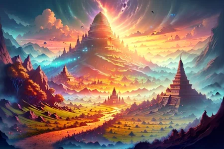 Photo of bagan myanmar, high fantasy realm, (photorealistic, masterpiece, best quality,:1.2) wide angle, detailed landscape, panoramic, colorful, fanciful, FanLan, fantasy00d,