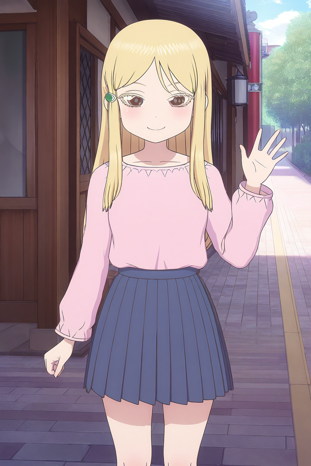 masterpiece,best quality,good quality,rating safe,<lora:hidaka_koharu-ill_narcissu:1>,hidaka koharu, 1girl,solo,blonde hair, long hair, brown eyes, hair ornament, colored eyelashes, hairclip,pink shirt, blue skirt, pleated skirt,standing,looking at viewer,waving hand,closed mouth,outdoor,smile