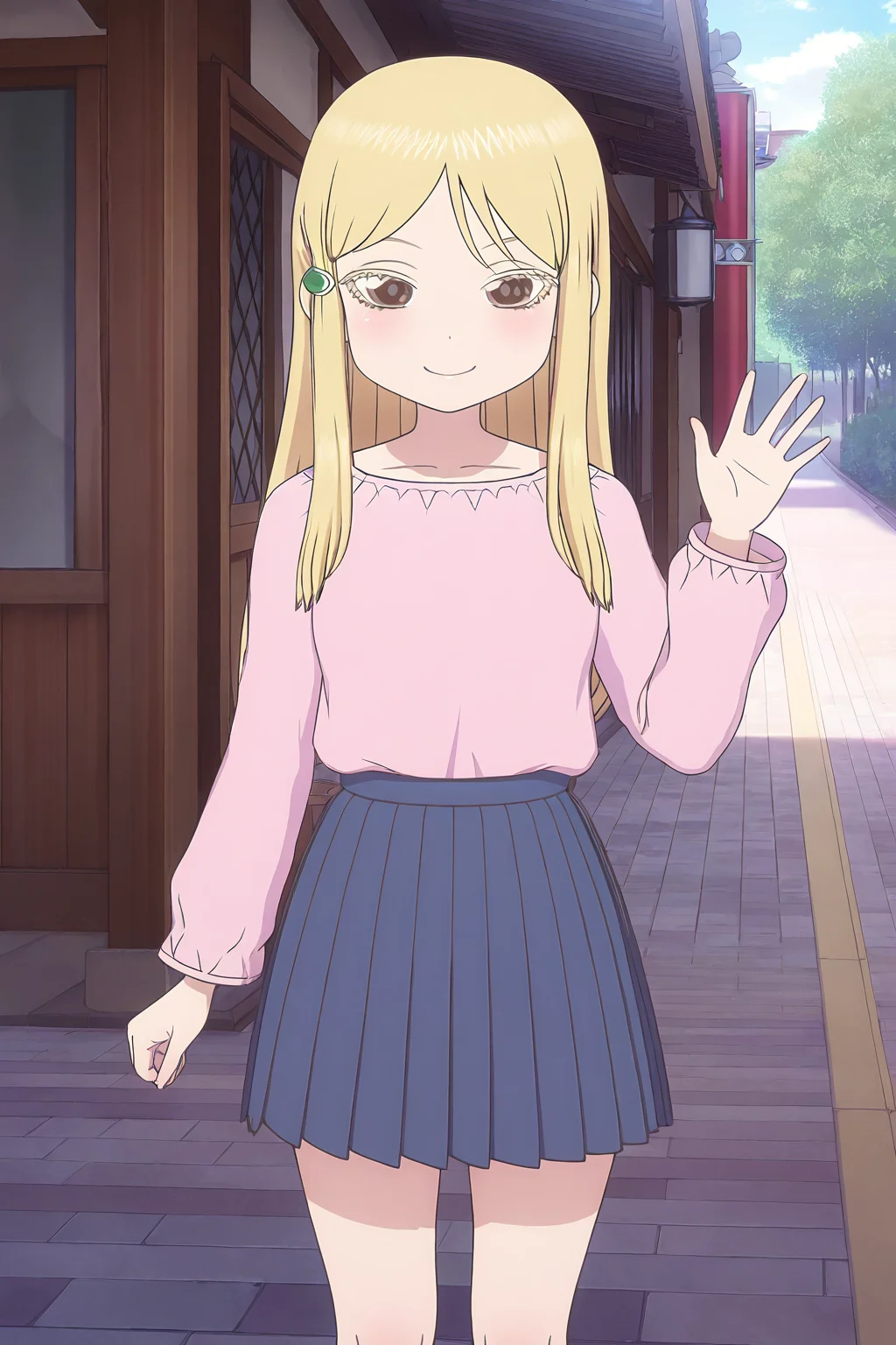 masterpiece,best quality,good quality,rating safe,<lora:hidaka_koharu-ill_narcissu:1>,hidaka koharu, 1girl,solo,blonde hair, long hair, brown eyes, hair ornament, colored eyelashes, hairclip,pink shirt, blue skirt, pleated skirt,standing,looking at viewer,waving hand,closed mouth,outdoor,smile