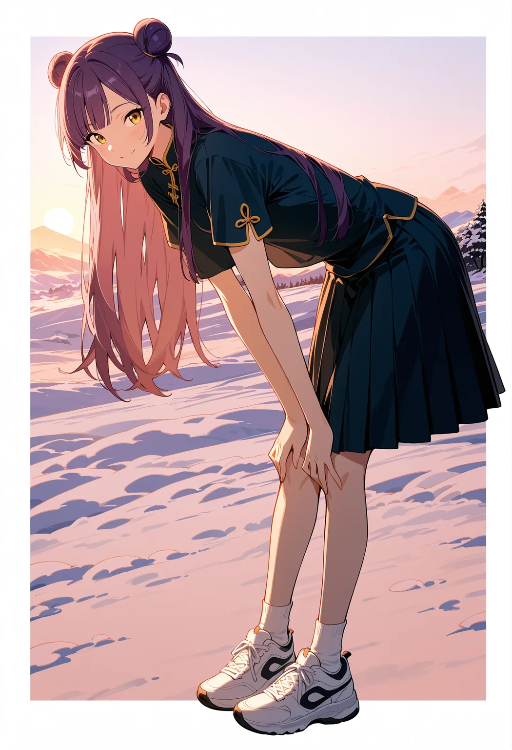 (masterpiece), (best quality), (ultra-detailed), (best illustration), (best shadow), (absurdres), (very aesthetic), 1girl, solo, <lora: ReinV2:1>, rein, purple hair, yellow eyes, long hair, hair buns, small breasts, full body, black chinese clothes, short sleeves, black pleated skirt, white socks, white sneakers, bended over, looking at viewer, smile, photo, snow background
