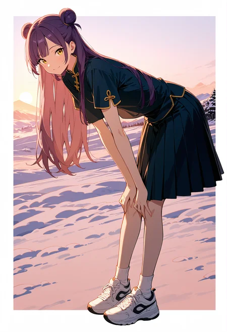 (masterpiece), (best quality), (ultra-detailed), (best illustration), (best shadow), (absurdres), (very aesthetic), 1girl, solo, <lora: ReinV2:1>, rein, purple hair, yellow eyes, long hair, hair buns, small breasts, full body, black chinese clothes, short sleeves, black pleated skirt, white socks, white sneakers, bended over, looking at viewer, smile, photo, snow background