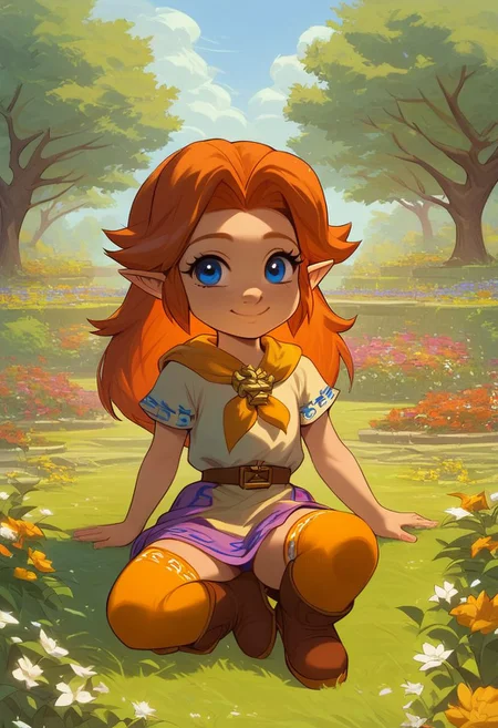 (((score_9, score_8_up, score_8, solo, female, malon, short sleeves, boots, belt, malon dress, purple skirt, brown belt, yellow neckerchief, orange long stockings, female, cute, cub, young cub, young))), (((eye lashes, brown hair, blue eyes))), (masterpiece, best quality, hires, high resolution:1.2), rating_safe, detailed background, (((garden, tree, outdoors, grass, orange long stockings))), (((smile, suggestive, looking at viewer))) (((laying on grass, side, orange long stockings})), (((female, solo))),
