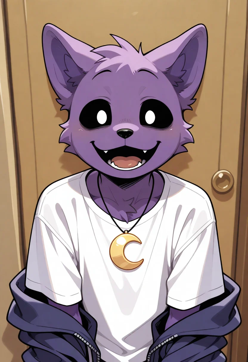 best quality, amazing quality, very aesthetic, absurdres, newest, 1boy, solo, catnap, poppy_playtime, BREAK
furry, yellow crescent necklace, smile, male focus, furry male, black sclera, white eyes, animal ears, open mouth, shirt, looking at viewer, white shirt, <lora:CatNap_Poppy_Playtime_illustrious:1>