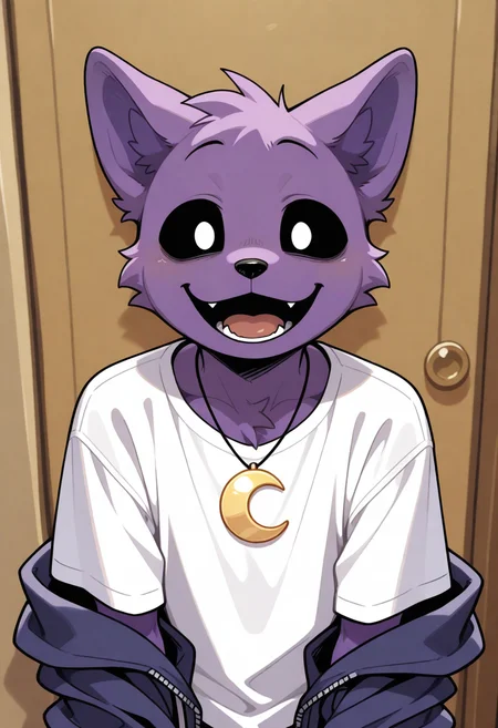 best quality, amazing quality, very aesthetic, absurdres, newest, 1boy, solo, catnap, poppy_playtime, BREAK
furry, yellow crescent necklace, smile, male focus, furry male, black sclera, white eyes, animal ears, open mouth, shirt, looking at viewer, white shirt, <lora:CatNap_Poppy_Playtime_illustrious:1>