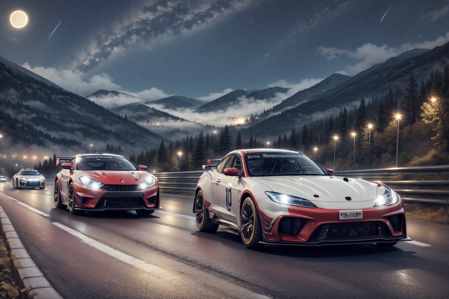 cars racing at night in mountains roadway scenario, near mist, cloudy starry night, Red moon <lora:add_detail:1> <lora:offset_0.2:1> <lora:DaVinciTech:0.4> <lora:KawaiiTech:0.6> <lora:DarkSpheraStyle:0.1>