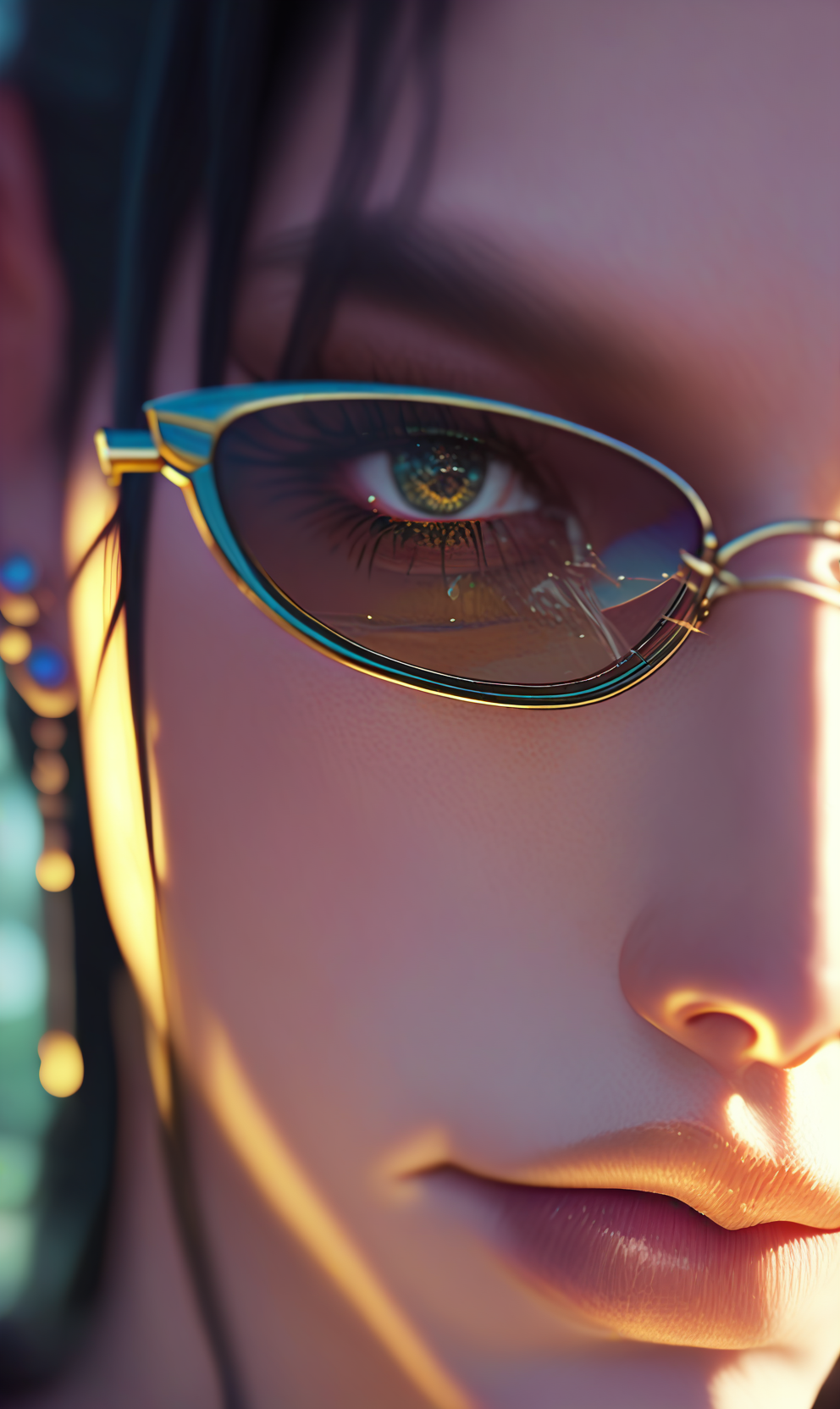 score_9, score_8_up, score_7_up, woman in glasses, dark hair, 1girl, solo, jewelry, earrings, black hair, blurry background, blurry, long hair, black nails, sunglasses, portrait, close up shot, Beautiful 