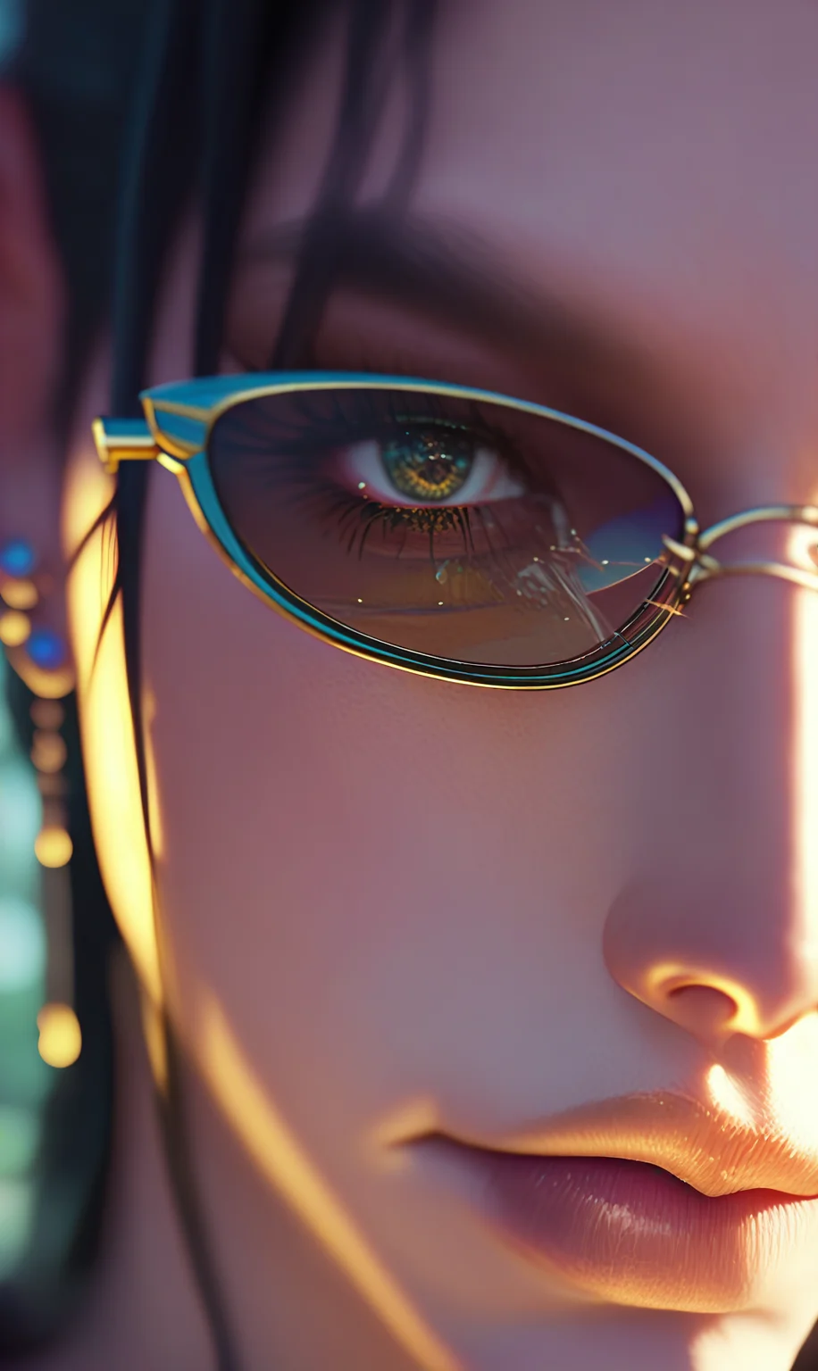 score_9, score_8_up, score_7_up, woman in glasses, dark hair, 1girl, solo, jewelry, earrings, black hair, blurry background, blurry, long hair, black nails, sunglasses, portrait, close up shot, Beautiful 