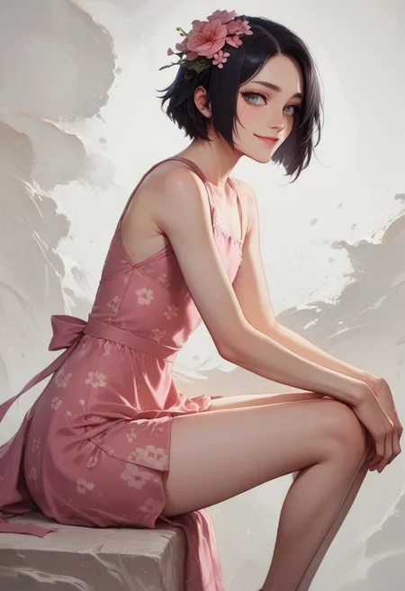 score_9, score_8_up, score_7_up, 1boy, femboy, otoko no ko, short hair, bob cut hair, black hair, grey eyes, gray eyes, feminine face, toned body, Shelly, summerdress, pink dress, flower print, flower hair ornament, highly detailed, intricate, zzCitronCAT, sitting, knees up, leaning forward, head resting on knees, side view, dutch angle, looking at viewer, gentle smile, modelshoot, abstract background, solo