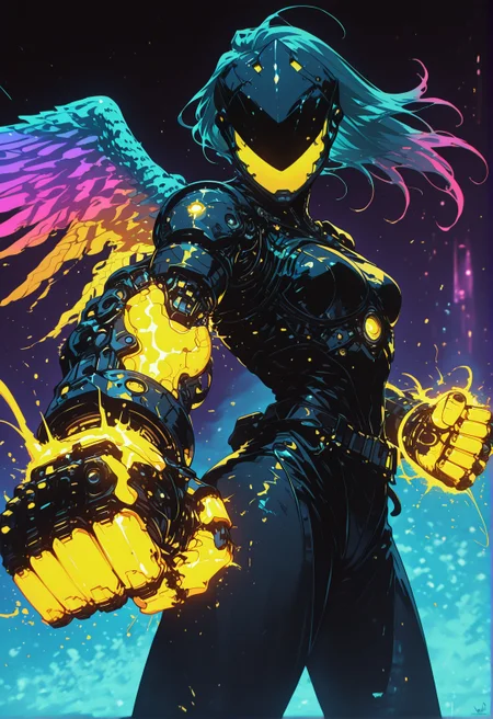 <lora:ck-shadow-circuit-IL:0.78>,
masterpiece, best quality, good quality, very aesthetic, absurdres, newest, 8K, depth of field, focused subject,
XenoPulse
stylized, gold and neon color palette, godlike, wabi sabi, 1girl, rainbow angel wings, looking at viewer, dynamic angle, from side, gates, heaven, 
wielding gold glowing radioactive energy gauntles as weapon, neon energy gauntlet, punching against the viewer, motion lines, speed_lines, dynamic shot, motion_blur, wind_effect, fast_movement, shockwave
<lora:MoriiMee_Gothic_Niji_Style_Illustrious_r1:0.45>
<lora:ck-nc-cyberpunk-IL-000011:0.4>
<lora:ck-neon-retrowave-IL:0.8>
 <lora:XenoPulseIL:1>