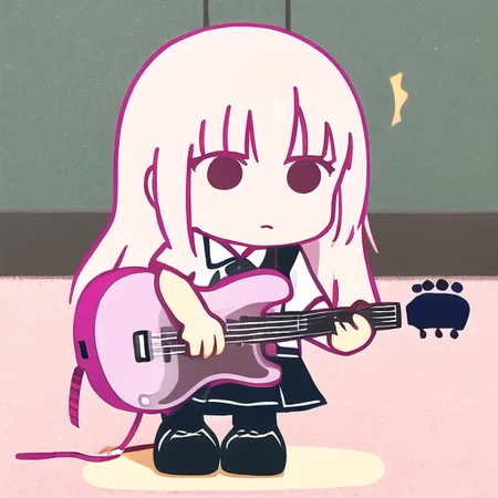 1girl, pink hair, long hair, school uniform, holding guitar, chibi, <lora:bocchi-ed style:1>