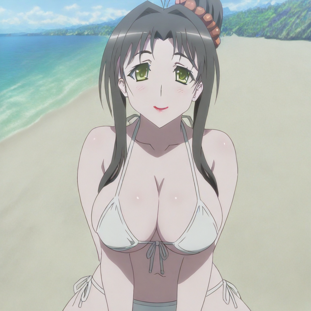 tamamo minamoto \(kanokon\), black hair, long hair, antenna hair, bangs, sidelocks, high ponytail, green eyes, hair tie, red lipstick, white bikini, large breasts, 1girl, solo, sitting at beach, smiling, anime screencap, simple background, masterpiece