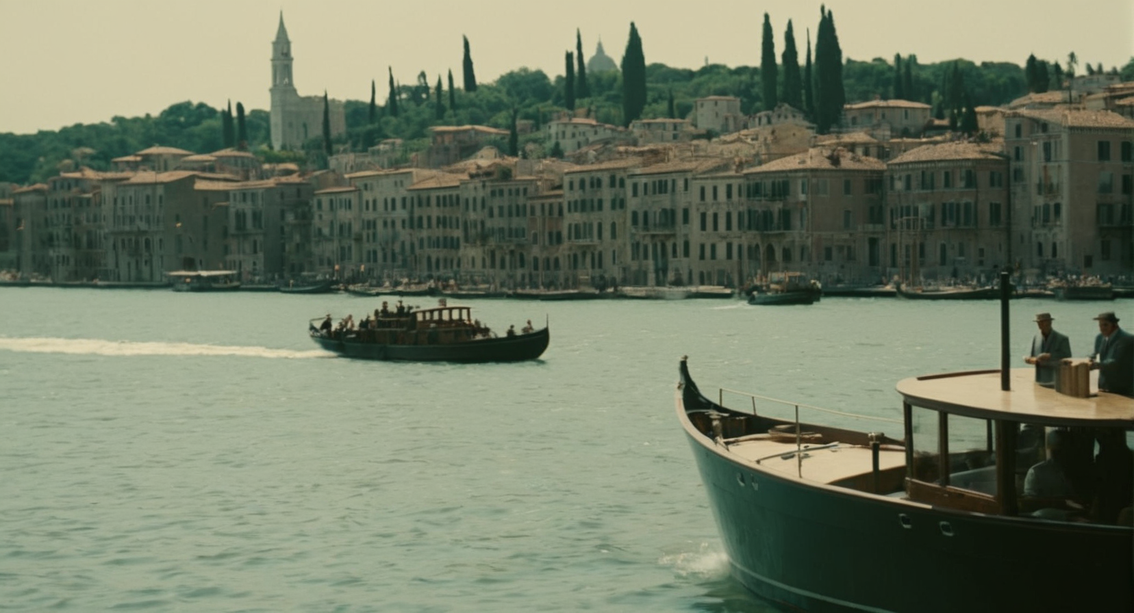 cinematic film still of  <lora:The Godfather Film Style:1.2>
a boat is in the water in front of a city The Godfather Film Style , shallow depth of field, vignette, highly detailed, high budget, bokeh, cinemascope, moody, epic, gorgeous, film grain, grainy