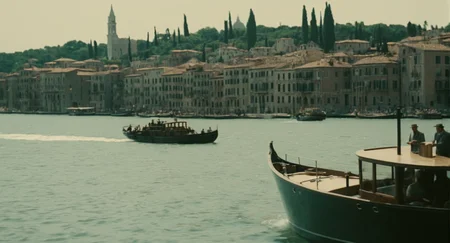 cinematic film still of  <lora:The Godfather Film Style:1.2>
a boat is in the water in front of a city The Godfather Film Style , shallow depth of field, vignette, highly detailed, high budget, bokeh, cinemascope, moody, epic, gorgeous, film grain, grainy