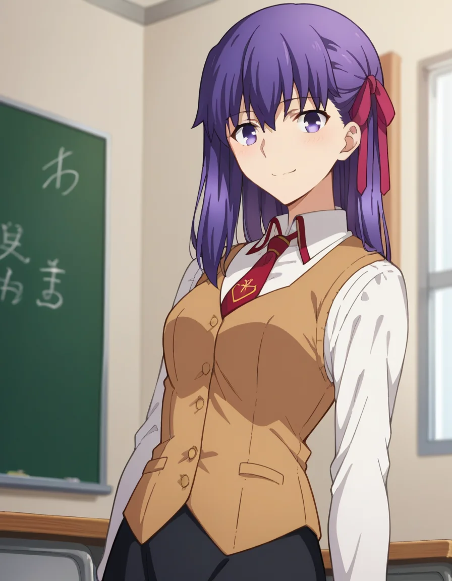 score_9, score_8_up, score_7_up, source_anime,
sakuramatou, <lora:sakura-matou-hf-ponyxl-lora-nochekaiser:1>,
sakura matou, long hair, purple eyes, purple hair, ribbon, hair ribbon, red ribbon, smile,
shirt, white shirt, collared shirt, long sleeves, neckertie, red neckertie, vest, light brown vest, skirt, black skirt,
indoors, classroom,
looking at viewer, dutch angle, cowboy shot,