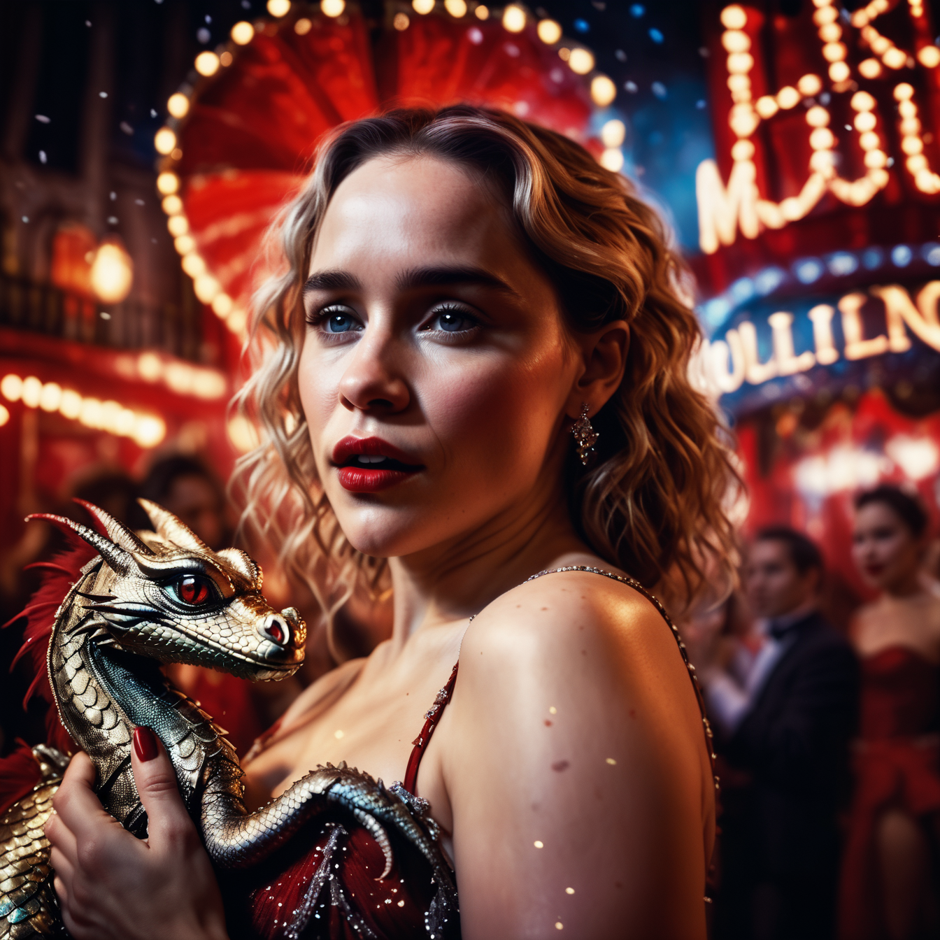 moulinrouge portrait blonde girl Emilia Clarke holding a little dragon<lora:moulinrouge:1>