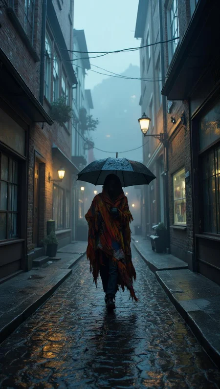 <lora:ck-LttleGhost-000011.safetensors:1> in the style of ck-lttlegh0stAs I gaze upon this captivating foggy scene, a serene winter day unfolds before me in an urban alleyway. A Canon EOS 5D camera captures the eerie atmosphere, with a 35mm lens and f/2.8 aperture rendering shadows and light with precision. The cobblestone path glistens with wet sheen, illuminated by soft, diffused light that seeps through the fog. A lone figure, shrouded in a tattered, vibrant cloak, moves under a dark umbrella, their face hidden behind a veil of shadow and mist. The scene is a hauntingly beautiful and forebodingly sinister world, where time seems to have stood still.