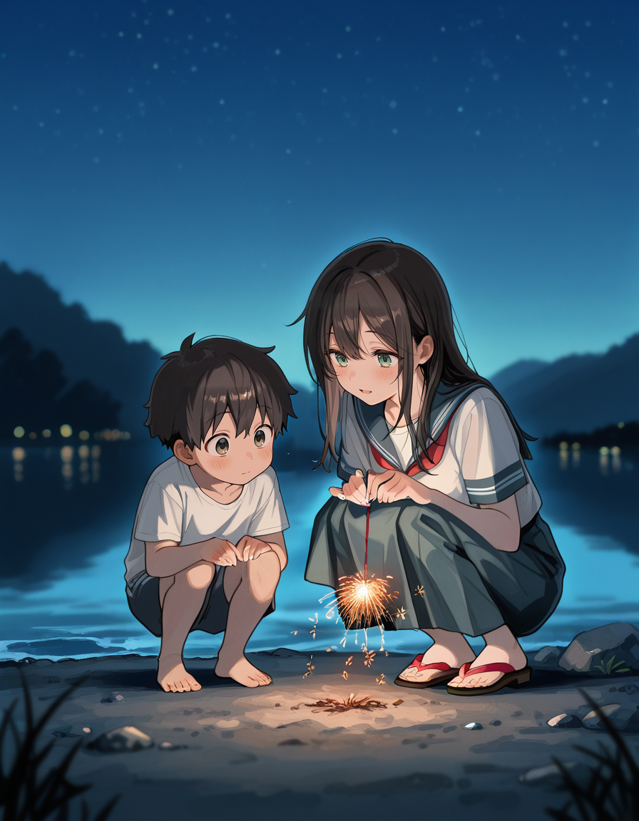 score_7_up, anime BREAK official art, solo, 1girl, one girl, 
<lora:temochihanabi:1>, temochihanabi, 
sparkler, fireworks, night, blurry, outdoors, dark, 1boy, 1girl,
(masterpiece:1.3), best quality, high resolution, unity 8k wallpaper, extremely detailed CG, 8K, (watercolor \(medium\), muted color, sketch:1.1), perfect anatomy, highly finished, masterpiece, best quality, high quality, amazing quality, great quality, very aesthetic, ultra detailed, highres, absurdres, highly detailed, highly detailed background,