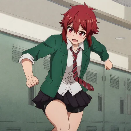 <lora:Tomo_pony_v1:.8> Tomo, 1girl, school uniform, red hair, pleated skirt, red necktie, red eyes, short hair, bike shorts, green jacket, white shirt, blazer, shorts under skirt, striped necktie, cowboy shot