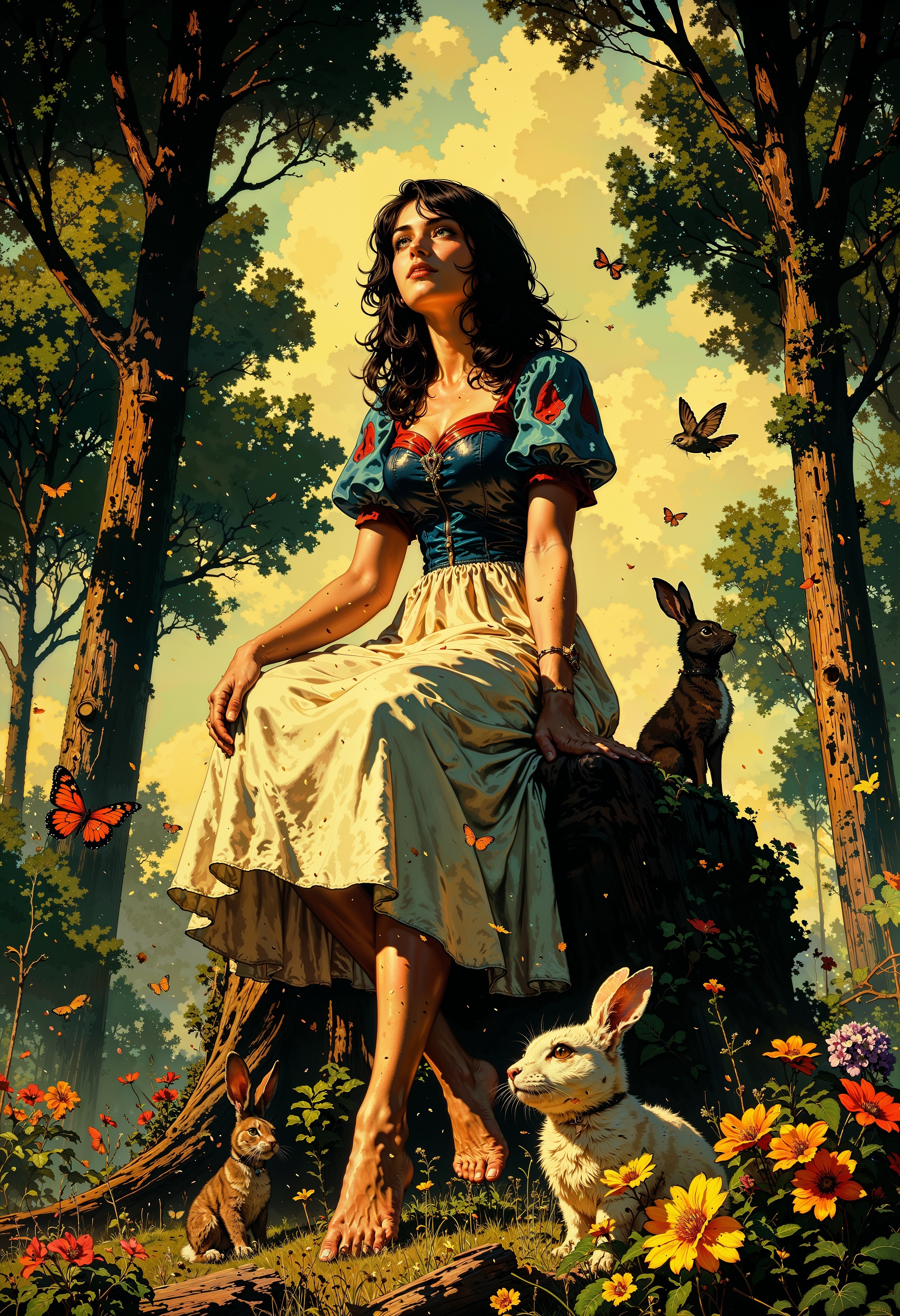 snow white. a digital painting in a fantasy art style, featuring a young woman sitting on a large tree stump in a lush, enchanted forest. The woman has a fair complexion, dark wavy hair, and is dressed in a classic fairy-tale gown. Her dress is predominantly white with puffy short sleeves in a vibrant blue, adorned with red accents on the shoulders. She sits with her hands resting on her lap, looking upwards with a serene expression. Her attire and demeanor suggest a character reminiscent of Snow White from the classic fairy tale.
Surrounding her are various animals, including a small brown rabbit on her left, a white rabbit to her right, and a brown rabbit in the foreground on the right. There are also several butterflies and a bird in flight, adding to the magical ambiance. The background is filled with tall trees with sunlight filtering through the leaves, casting a warm glow. The forest floor is covered in a variety of colorful flowers and greenery, enhancing the whimsical and serene atmosphere. The overall scene is rich in detail, with textures like the soft fabric of the woman's dress and the rough bark of the tree stump.  <lora:FluxMythG0thicL1nes:0.6> <lora:Luminous_Shadowscape:0.6> <lora:FredFraiStyle-FLUX-Share:0.6>  <lora:RetroAnimeFluxV1:0.6>
