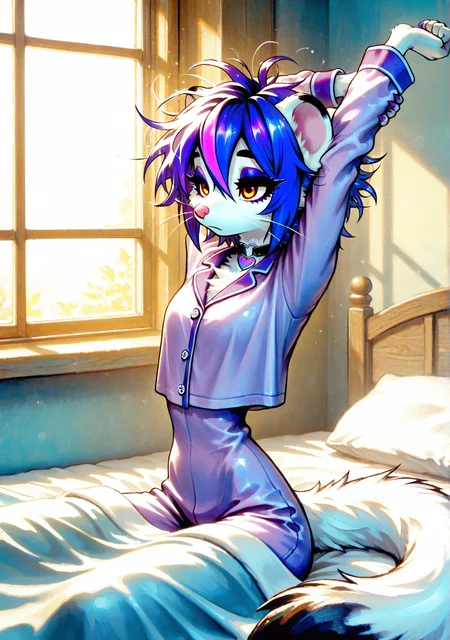 ILGMVO3, FMIXFT, radiant details, smari4, 1girl, solo, furry female, pink nose, whiskers, shiny hair, white fur, amber eyes, eyeshadow, eyeliner, thick eyebrows, (short hair, sidelocks, hair between eyes, blue hair, violet hair, streaked hair, cyan streaks, violet streaks, highlights), white body fur, body fur, black ear tips, (weasel tail, white tail, black tail tip), heart choker, paws, small claws, purple claws, skinny, narrow waist, purple pajamas, indoors, bed, window, sun, under covers, sleepy, sitting up, stretching arms over head, side glance, (messy hair:1.3),
masterpiece,best quality,amazing quality