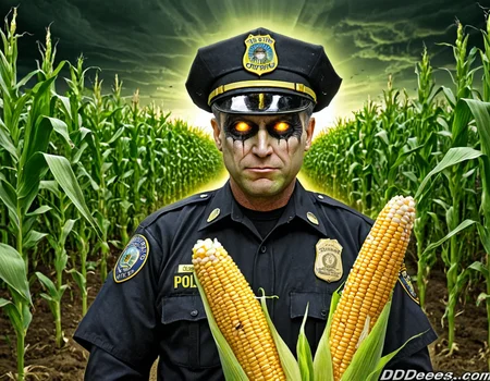 daviddees, gmo, farm, corn, posion, evil, goverment, police officer glowing eyes, <lora:Conspiracy_Diffusion_v2:0.85>