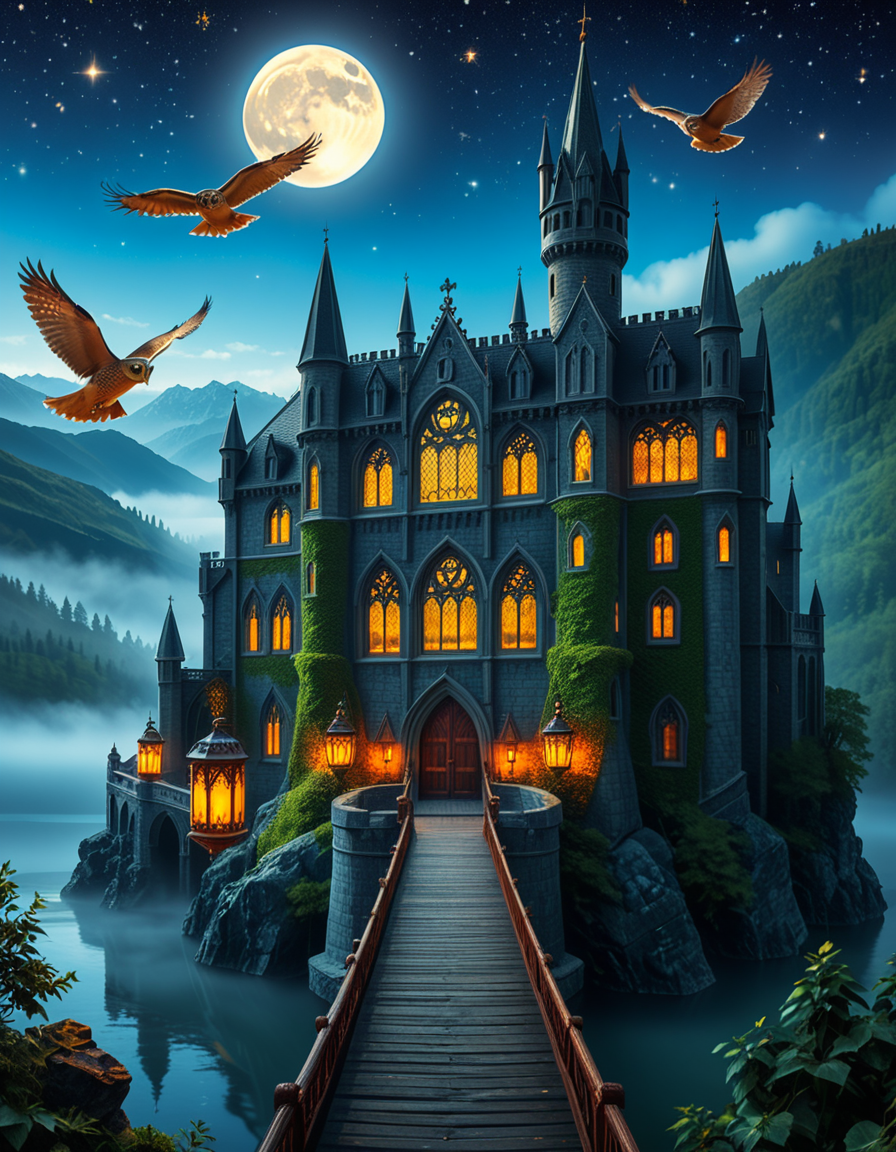 A majestic, ancient castle perched on a rocky hill, serving as a prestigious school for young wizards. The castle is a grand structure with towering spires, intricate gothic architecture, and large stained-glass windows that glow with magical energy. The stone walls are covered in ivy, and enchanted lanterns float around the entrance, casting a soft, mystical glow. A massive wooden bridge leads to the main gate, suspended over a misty, enchanted lake that reflects the moonlight. In the background, rolling green hills and dense, fog-covered forests surround the school, adding an air of mystery. The sky is a deep twilight blue, with stars twinkling and a full moon shining brightly. Some windows in the castle emit warm, golden light, hinting at classrooms filled with spellbooks and students practicing magic. A few owls are seen soaring above, delivering messages. The atmosphere is magical, mysterious, and full of wonder, as if the castle itself is alive with enchantments.
<lora:SDXLFaeTastic2400:0.4> <lora:extremely_detailed:0.4> extremely detailed, <lora:ancient_c4stl3:1>,ancient c4stl3, Masterpiece,best quality,hi res,8k,hi res,8k,award winning,(sharp focus, intricate, highly detailed),