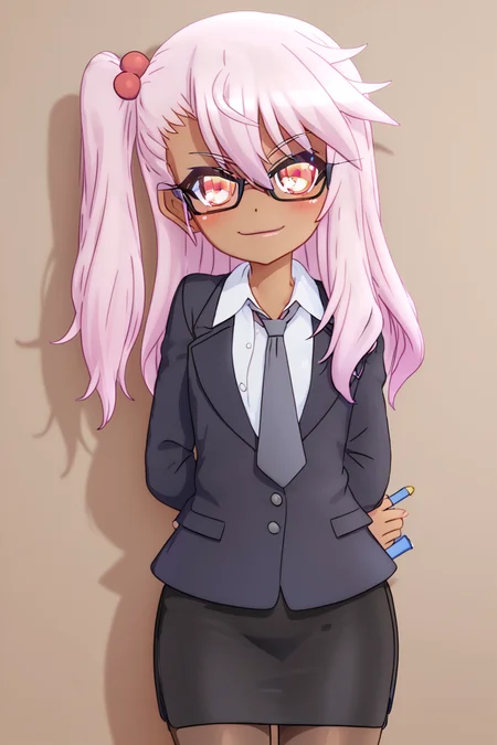 score_9, score_8_up, score_8, (big breasts), (curvy), cute, eyelashes, BREAK, <lora:PrismaIllya_PDXL_v3:0.7>, 1girl, solo, long hair, looking at viewer, blush, smile, bangs, skirt, shirt, hair ornament, hair between eyes, closed mouth, collarbone, jacket, pink hair, pantyhose, cowboy shot, small breasts, necktie, glasses, alternate costume, collared shirt, dark skin, miniskirt, black skirt, dark-skinned female, orange eyes, black pantyhose, black shirt, white shirt, one side up, arms behind back, formal, suit, hair bobbles, semi-rimless eyewear, pencil skirt, black-framed eyewear, brown pantyhose, bespectacled, skirt suit, chloe von einzbern, <lora:MantisStyle_PDXL_v2:0.8>, BREAK, smile, looking at viewer, cowboy shot, embedding:zPDXL, Expressiveh, <lora:SDXLFaeTastic2400:0.5>, <lora:Expressive_H-000001:0.4>,