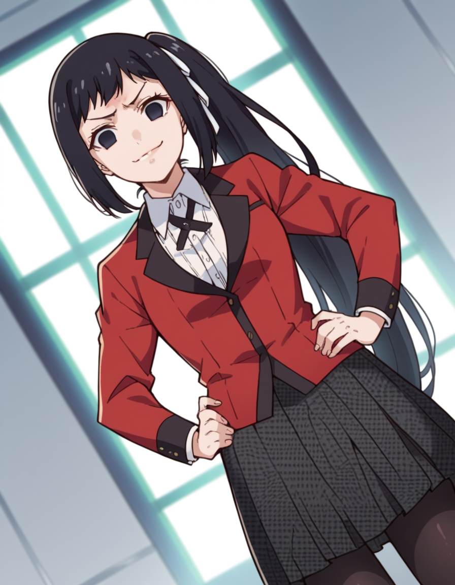 score_9, score_8_up, score_7_up, source_anime, <lora:sayaka-igarashi-s2-ponyxl-lora-nochekaiser:1>, sayaka igarashi, long hair, black hair, hair ribbon, ponytail, black eyes, empty eyes, side ponytail,, skirt, shirt, school uniform, jacket, white shirt, pantyhose, pleated skirt, collared shirt, black pantyhose, blazer, red jacket,, indoors, smug, smile, looking at viewer, solo, hands on hips,, cowboy shot, dutch angle