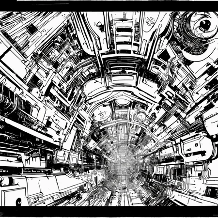 black and white, photorealistic intricately detailed comic book art by award winning line artist, of a steampunk scientist stepping stepping through a magical portal, black and white ink, epic cinematography