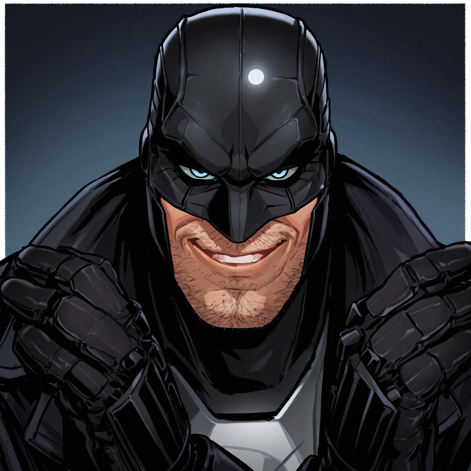 masterpiece, best quality, newest, absurdres, highres, Diz_D00dz, white borders around characters, soft light, BREAK bara, muscular, 1man, male focus, male, male focus, 1boy, Midnight0, white sclera, black mask, stubble on face, mouth, {{beefy}}, {{muscular}}, {{large}}, looked at the viewer, close up to face, night, black coat, mouth, guns on the hands, smirk, teeth