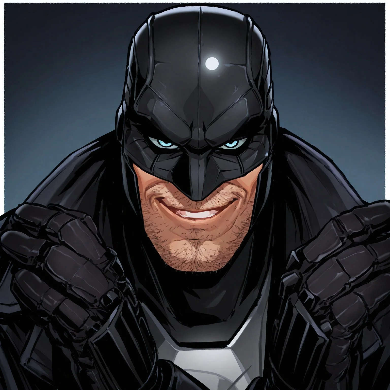 masterpiece, best quality, newest, absurdres, highres, Diz_D00dz, white borders around characters, soft light, BREAK bara, muscular, 1man, male focus, male, male focus, 1boy, Midnight0, white sclera, black mask, stubble on face, mouth, {{beefy}}, {{muscular}}, {{large}}, looked at the viewer, close up to face, night, black coat, mouth, guns on the hands, smirk, teeth