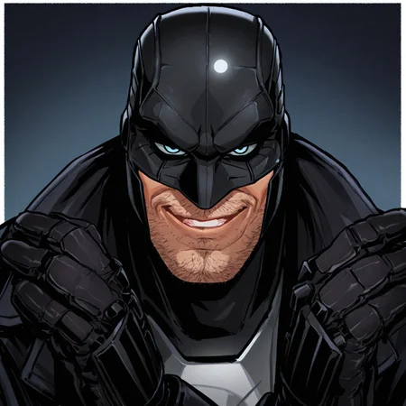 masterpiece, best quality, newest, absurdres, highres, Diz_D00dz, white borders around characters, soft light, BREAK bara, muscular, 1man, male focus, male, male focus, 1boy, Midnight0, white sclera, black mask, stubble on face, mouth, {{beefy}}, {{muscular}}, {{large}}, looked at the viewer, close up to face, night, black coat, mouth, guns on the hands, smirk, teeth