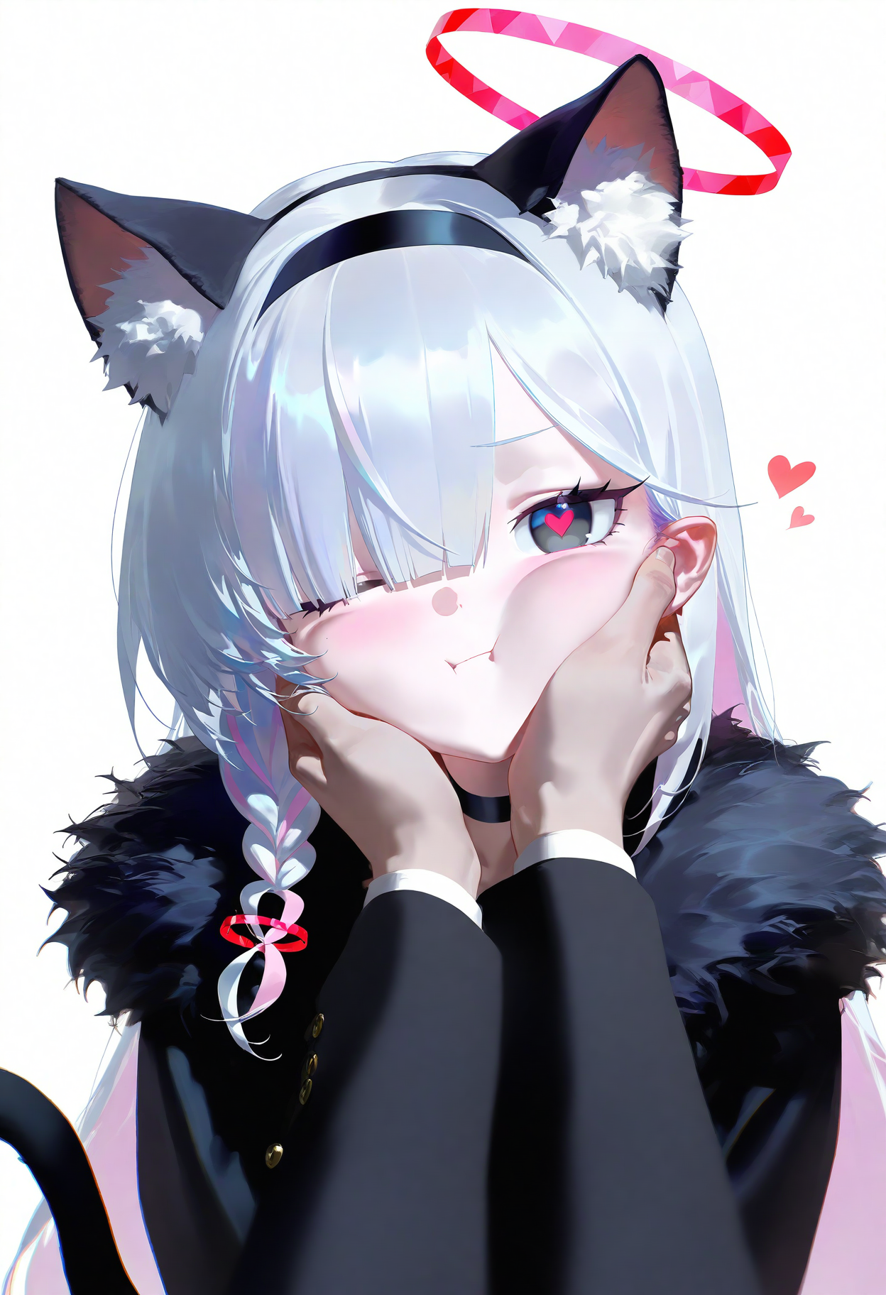 masterpiece, best quality, good quality, very awa, nyalia, 
1girl, animal hands, animal ears, plana \(blue archive\), heart, halo, pov hands, black eyes, paw gloves, cat ears, pov, gloves, black hairband, long hair, cheek squash, hand on another's face, red halo, cat paws, hand on another's cheek, black choker, fur trim, hairband, symbol-shaped pupils, one eye closed, colored inner hair, braid, hair over one eye, multicolored hair, choker, looking at viewer, single braid, solo focus, pink hair, white background, white hair, fake animal ears, simple background, heart-shaped pupils, blush, red pupils, 1boy, upper body, closed mouth, pink pupils, pink halo, tail, cheek press, cat tail, black gloves, 1other, two-tone hair, alternate costume, smile, animal ear fluff, sensei \(blue archive\), black coat, grey hair, long sleeves, pout, 
<lora:ai_styles_collection_noob_vpred-0.75-v3.2:1>