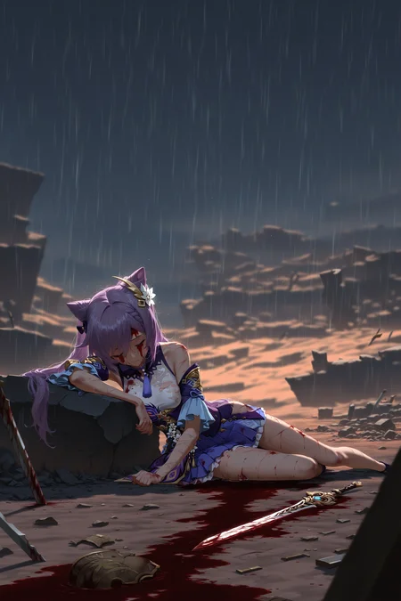 <lora:nyalia:0.7>,nyalia,
keqing_(genshin_impact),
looking down, blood, blood on clothes, blood on face, tired, battlefield, bloody, corpses, rubble, Battle Damage, cuts, bruises, damaged, torn clothes, blood, broken armor, fortress, wasteland, desert, heavy rain, dark cloud, night sky, dark theme, light particles, ripped clothes, hurt, injured, scars, blood tears, blood pool, dying, broken sword, reclining on ruin,
masterpiece,best quality,newest,absurdres,highres, blurry background, [depth of field, shadow],