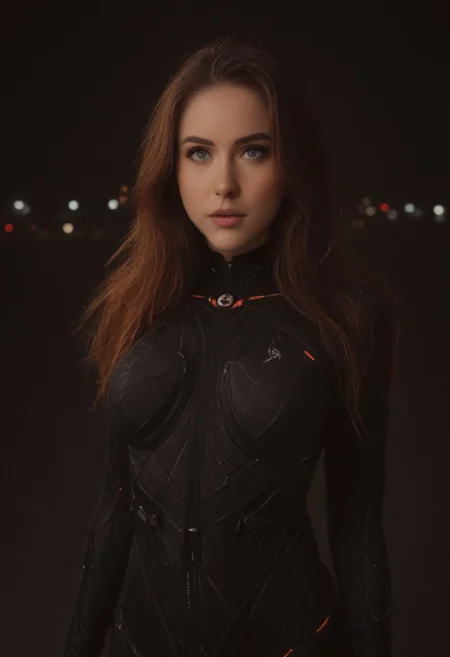 cg, a ginger woman wearing an impressive futuristic suit standing in an impressive, brown hair, ((alienship with turquoise and red lights)), Cinematic, high resolution, sharp focus, mystical, alien, science fiction, futuristic, dynamic style, CGI style, Cross processing color correction, perfect face, perfect eyes, realistic