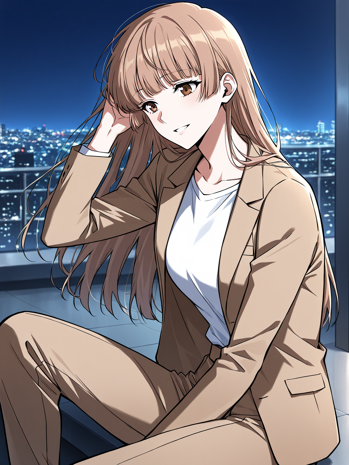 <lora:Omniscient_Readers_Viewpoint__Yoo_Sangah:1>
1 girl, solo, long hair, light brown hair, straight hair, blunt bangs, brown eyes,
brown blazer, white t-shirt, brown pants,
score_9, score_8_up, score_7_up, very aesthetic, source_anime, detailed, high quality, beautiful, masterpiece, detailed eyes, night, illuminated city background, blurry background, cityscape, pose dynamic angle, light smile, open mouth, hand on hair, sitting