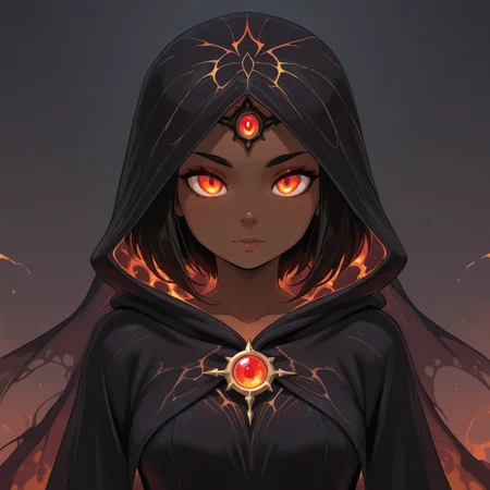 1girl, dark skin, dark-skinned female, 
Fire Sorceress Ensemble â Flame-patterned dress, sheer veils trailing behind. (Pose: casting a spell, eyes glowing;   close-up; Setting: burning ruins.)
<lora:DarkfireStyle11:1>