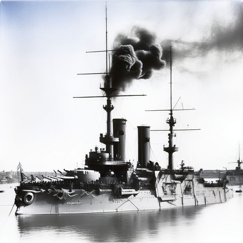 ocean, outdoors, Battleship Orel at bay, Battleship Admiral Ushakov sailing towards the viewer against the bacdrop of a port. Black and White photograph, under blue sky. the ship is painted very dark, Smoke billowing from smoketacks, vehicle focus, Sailors on deck, in light gray. The view is from the right side, signature, battleship dvenadsat apostolov is moored in a bay. the ship is painted in peactime colors, with lighter superstructur, sailing to the viewer with the bow slightly to the left.